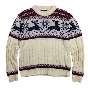 Vintage 80s JCPenney Mens Fair Isle Cable Knit Sweater M Retro Heritage Cabin